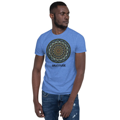 Unisex Softstyle T-Shirt (mandala green and gold rim | on front | GRATITUDE in black lettering)