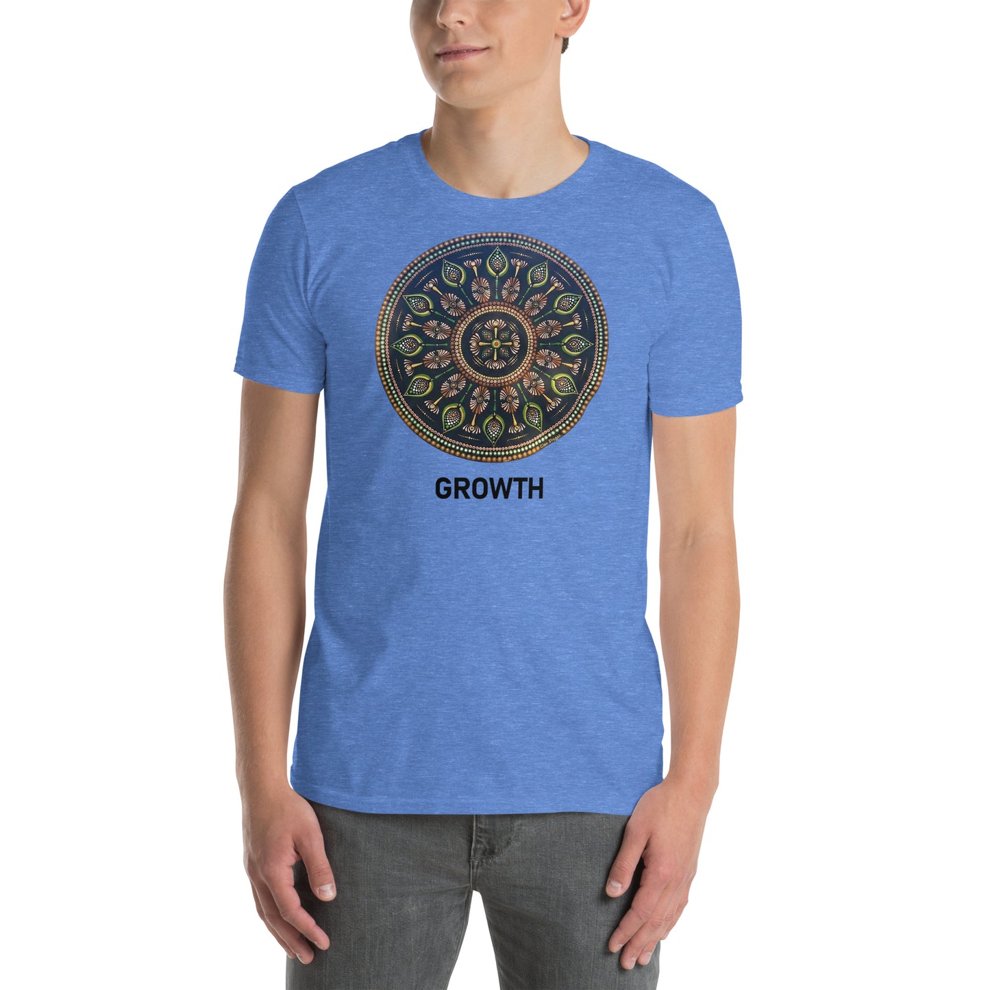 Unisex Softstyle T-Shirt (mandala with cross in the core | on front | GROWTH in black lettering)