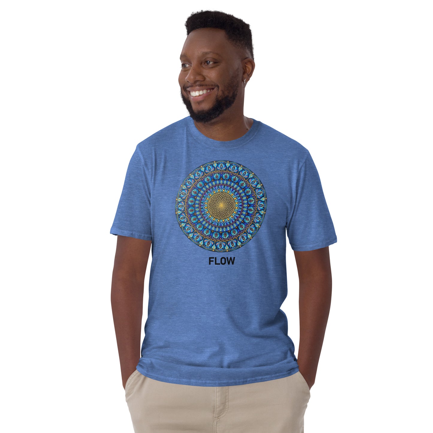 Unisex Softstyle T-Shirt (mandala with golden core | on front | FLOW in black lettering)