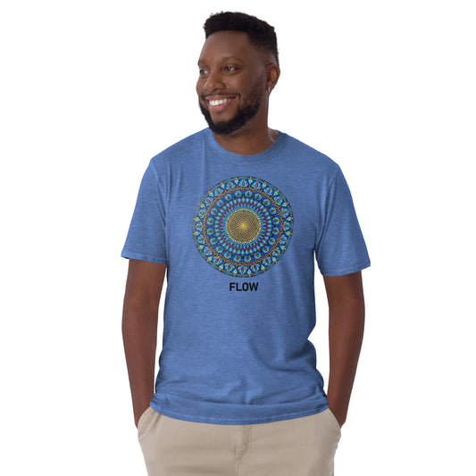 Unisex Softstyle T-Shirt (mandala with golden core | on front | FLOW in black lettering)