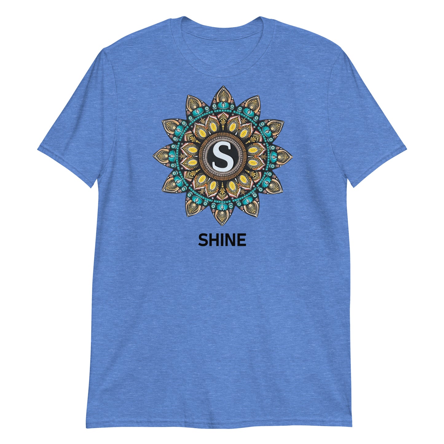 Unisex Softstyle T-Shirt (mandala with "S" in core | on front | SHINE in black lettering)