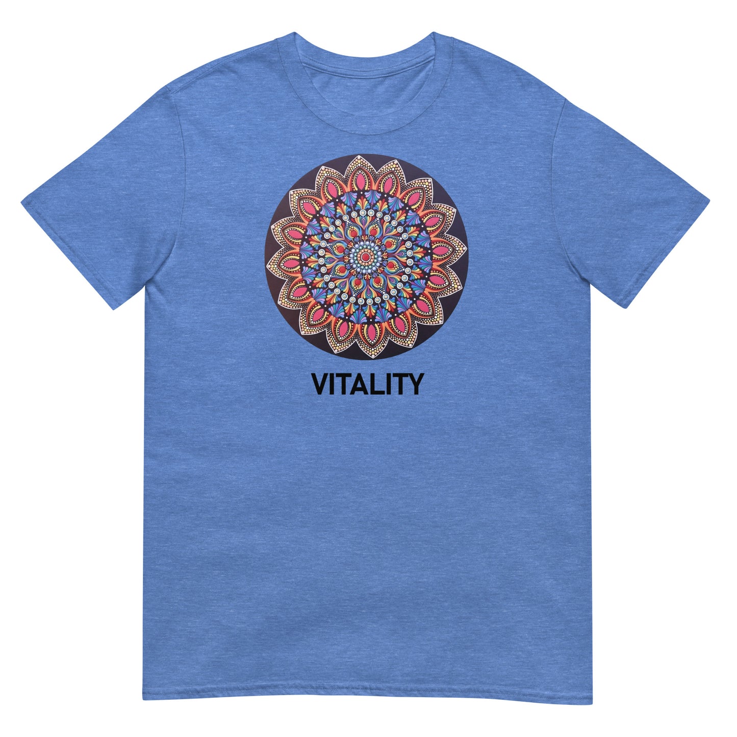 Unisex Softstyle T-Shirt (mandala with pink petals | on front | VITALITY in black lettering)