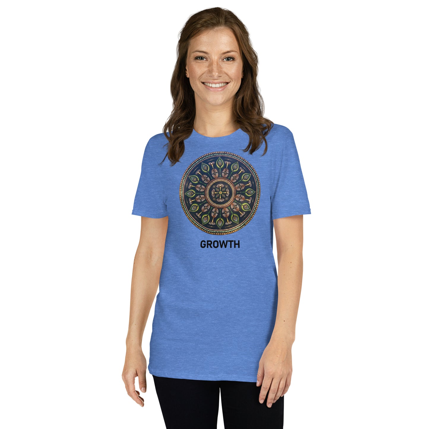 Unisex Softstyle T-Shirt (mandala with cross in the core | on front | GROWTH in black lettering)