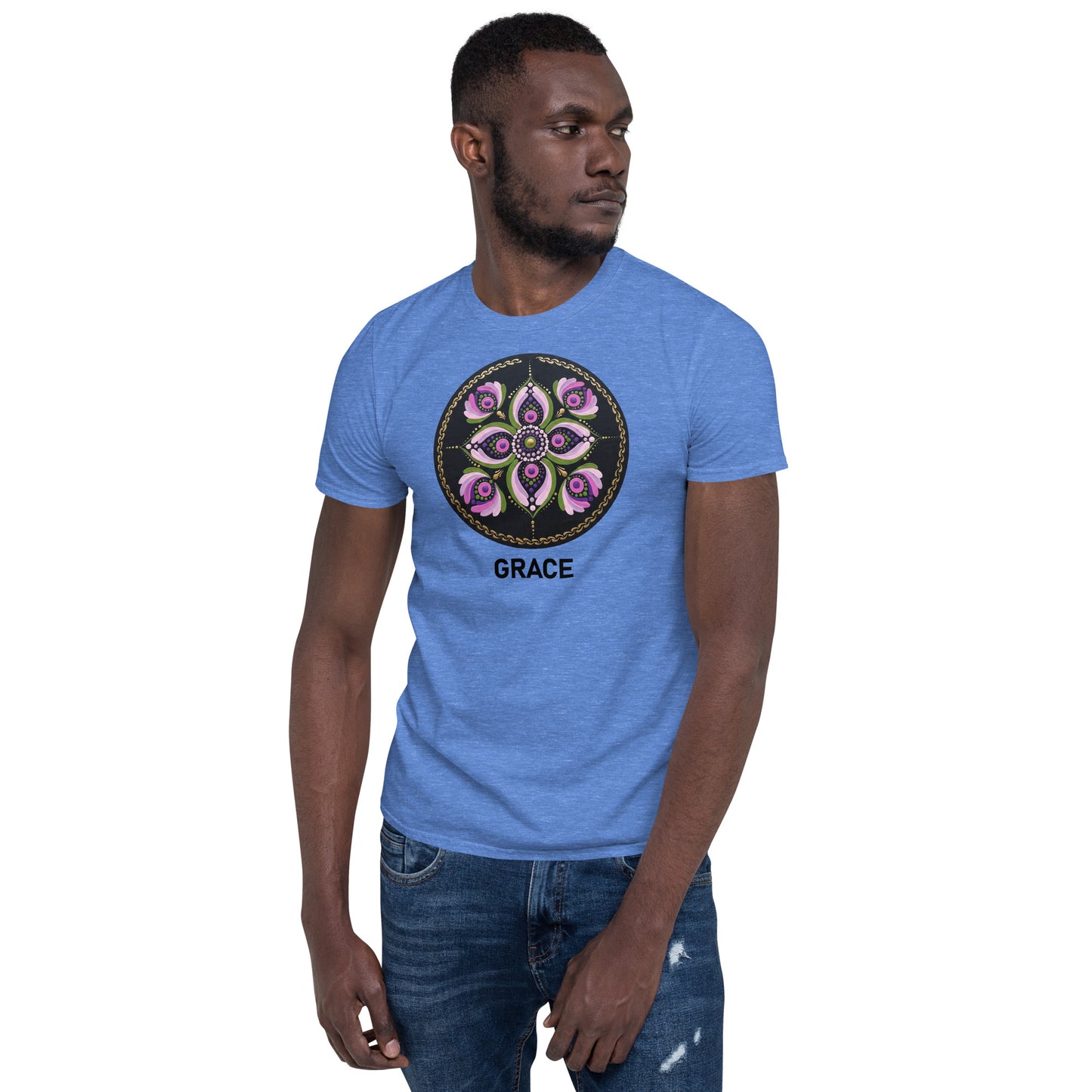 Unisex Softstyle T-Shirt (mandala with purple petals | on front | GRACE in black lettering)