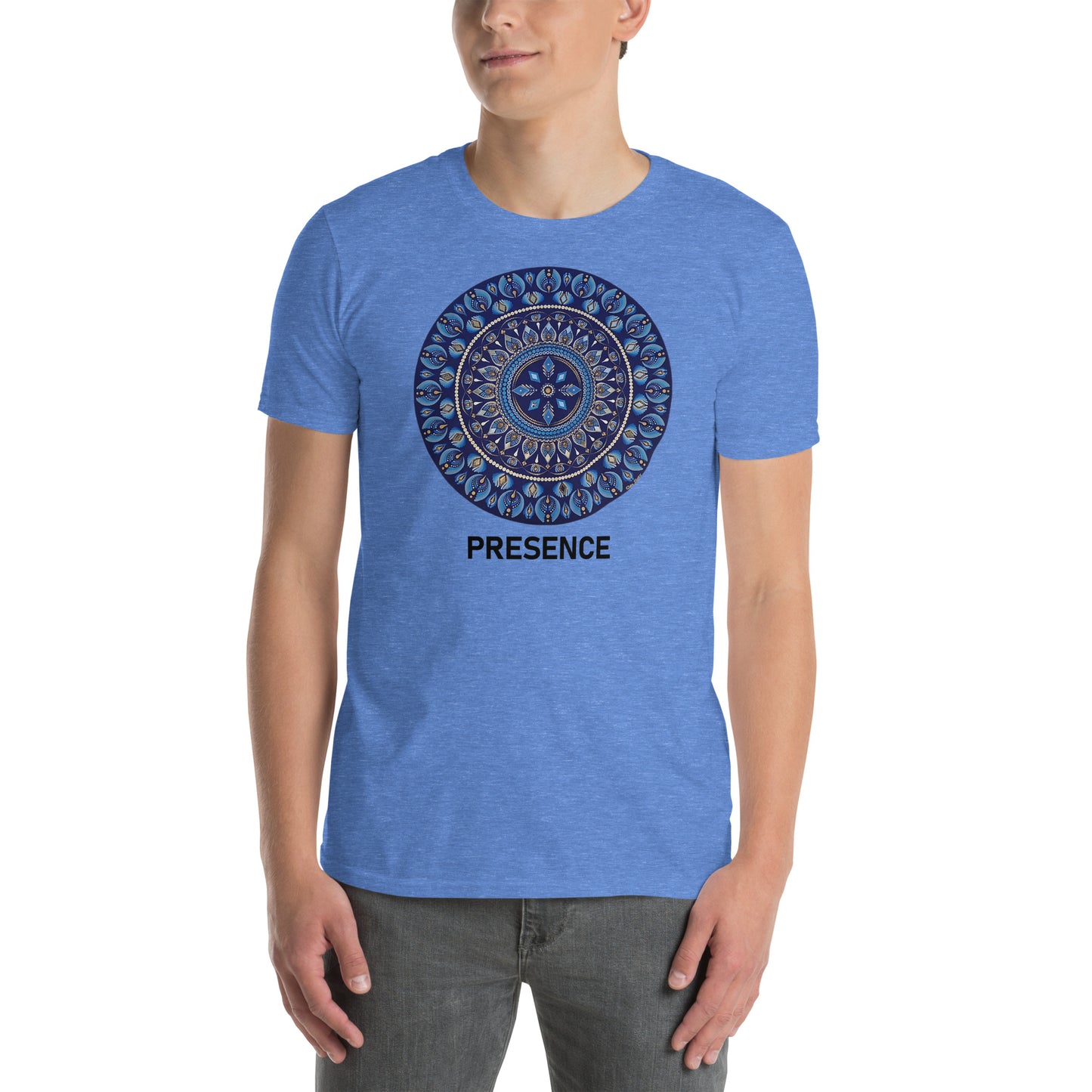 Unisex Softstyle T-Shirt (mandala with 4 diamonds | on front | PRESENCE in black lettering)