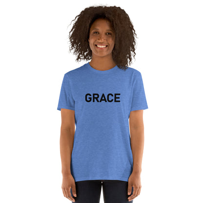 Unisex Softstyle T-Shirt (mandala with purple petals on back | GRACE in black lettering on front)