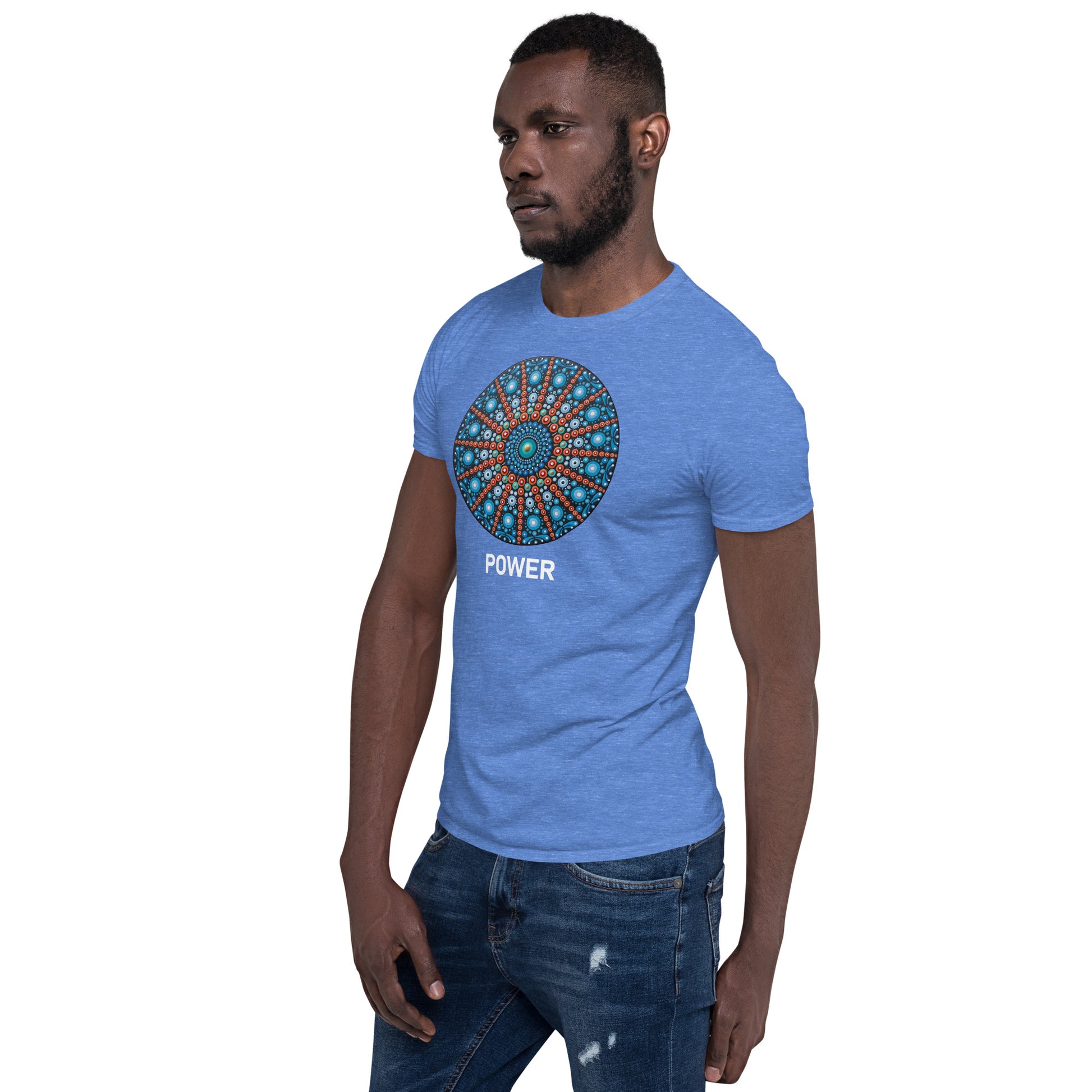 Unisex Softstyle T-Shirt (mandala with red lines | on front | POWER in white lettering)