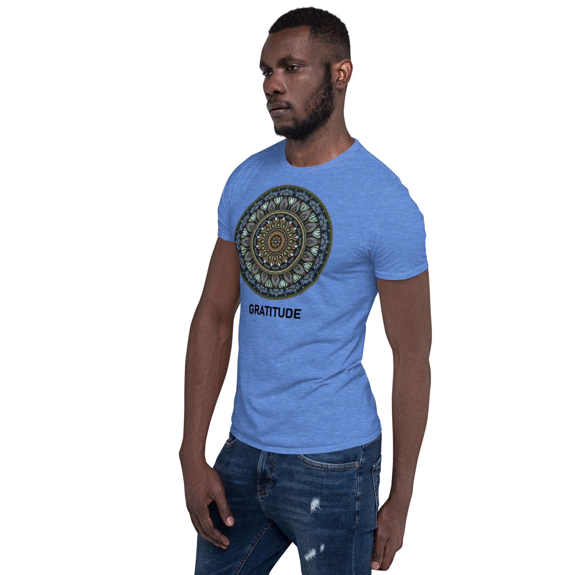 Unisex Softstyle T-Shirt (mandala green and gold rim | on front | GRATITUDE in black lettering)