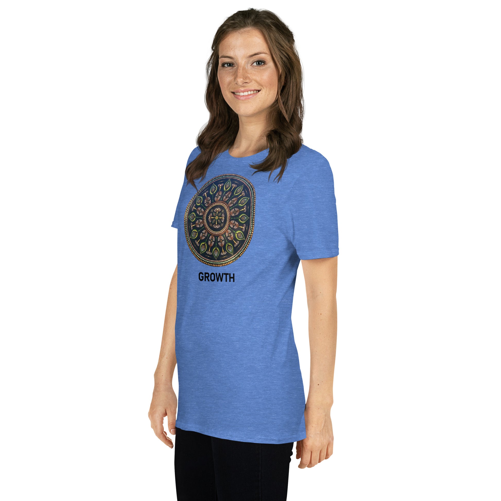 Unisex Softstyle T-Shirt (mandala with cross in the core | on front | GROWTH in black lettering)