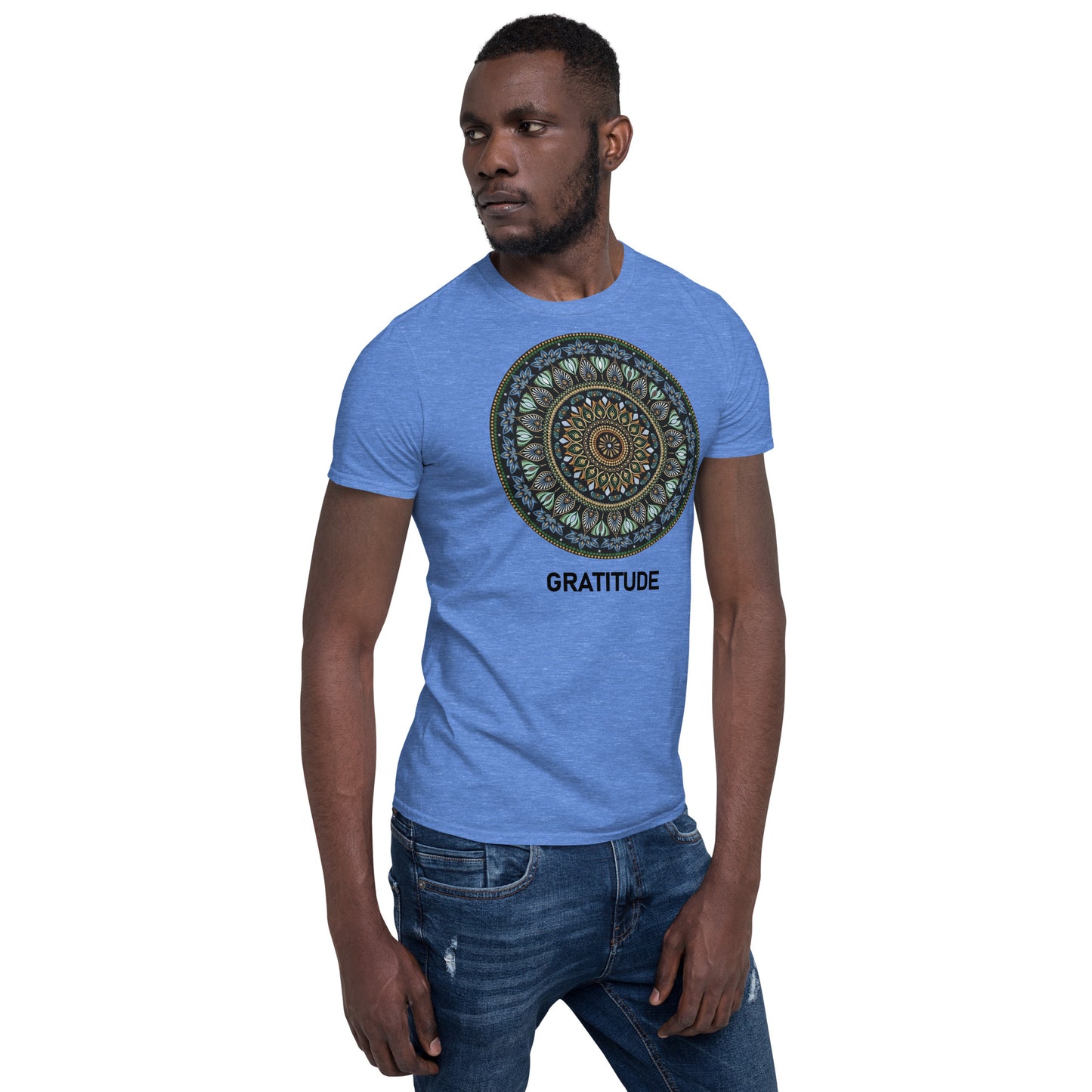Unisex Softstyle T-Shirt (mandala green and gold rim | on front | GRATITUDE in black lettering)
