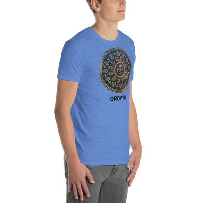 Unisex Softstyle T-Shirt (mandala with cross in the core | on front | GROWTH in black lettering)