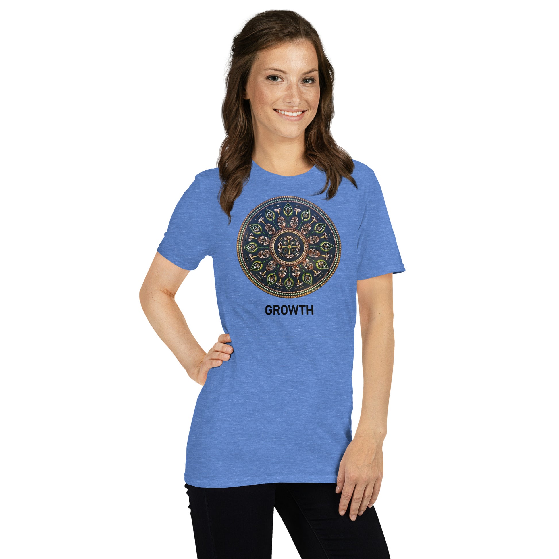Unisex Softstyle T-Shirt (mandala with cross in the core | on front | GROWTH in black lettering)