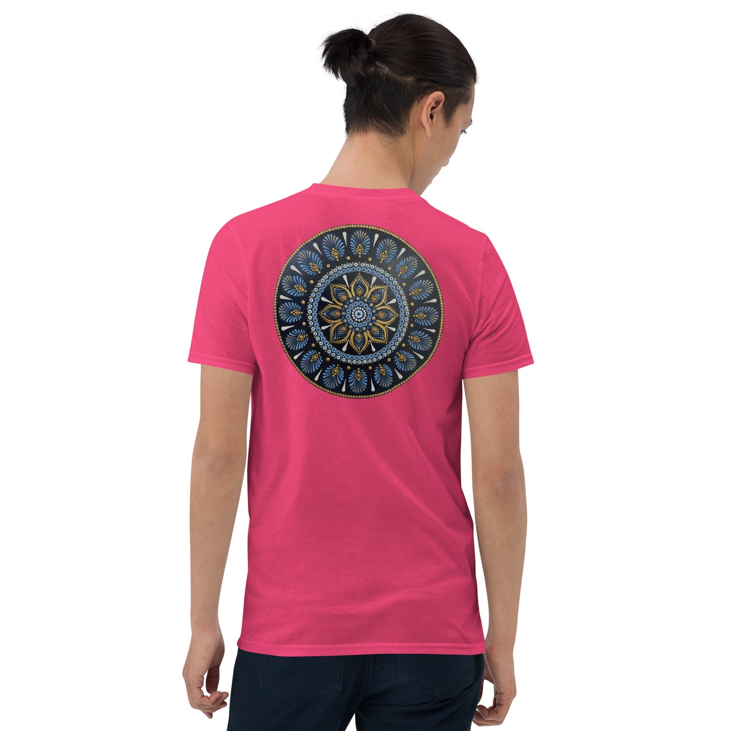 Unisex Softstyle T-Shirt (mandala with gold rim on back | PROTECTION in black lettering on front)