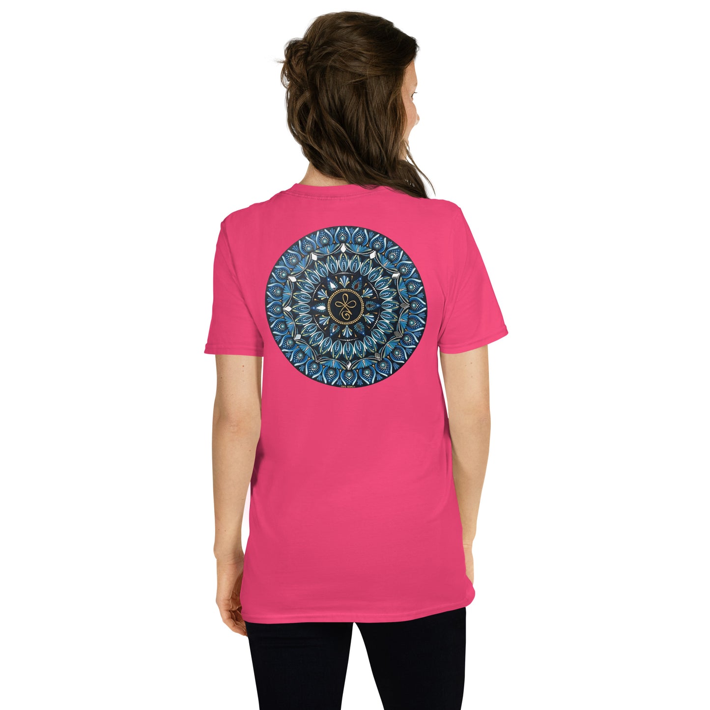 Unisex Softstyle T-Shirt (mandala with 3 loops in core on back | FAMILY in black lettering on front)