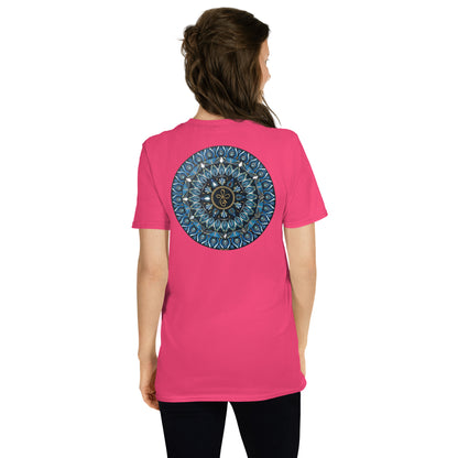 Unisex Softstyle T-Shirt (mandala with 3 loops in core on back | FAMILY in black lettering on front)