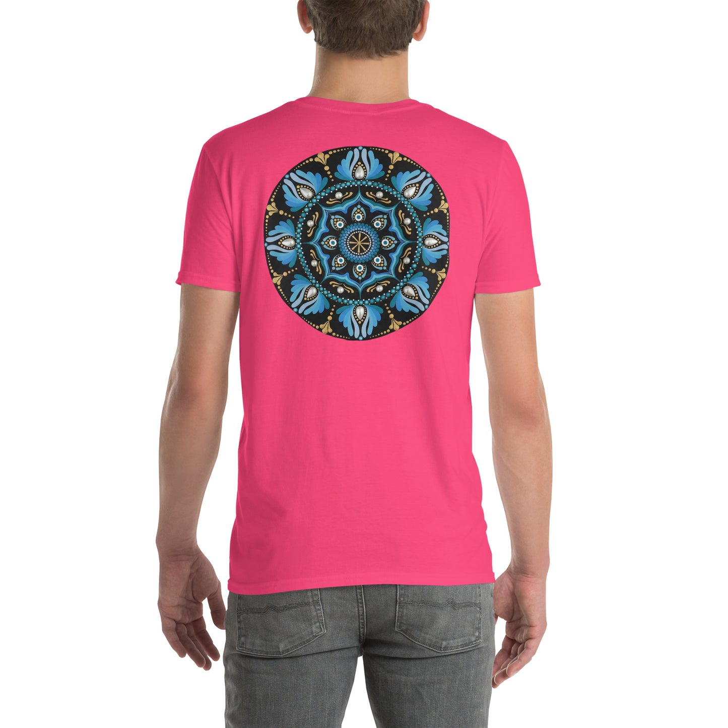 Unisex Softstyle T-Shirt (mandala with spokes in core on back | WISDOM in black lettering on front)