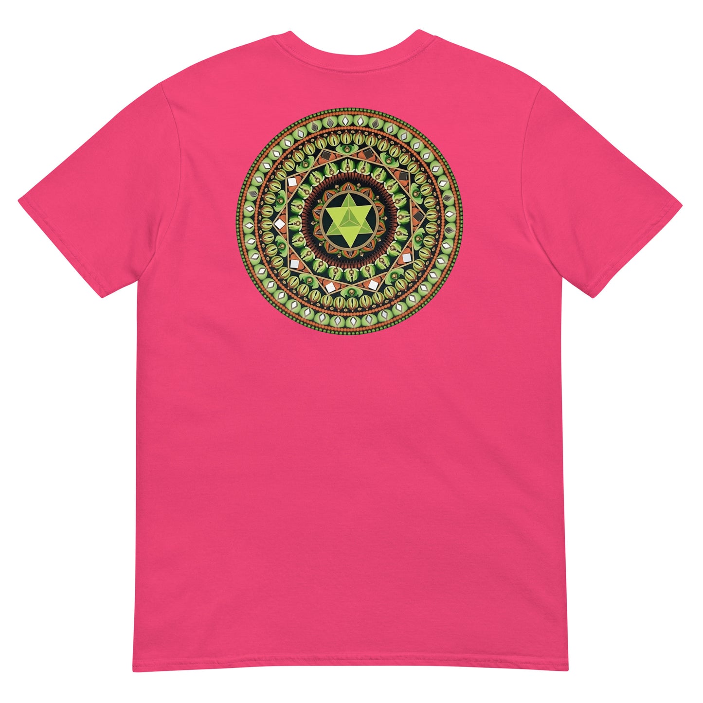 Unisex Softstyle T-Shirt (mandala with green star on back | HARMONY in black lettering on front)