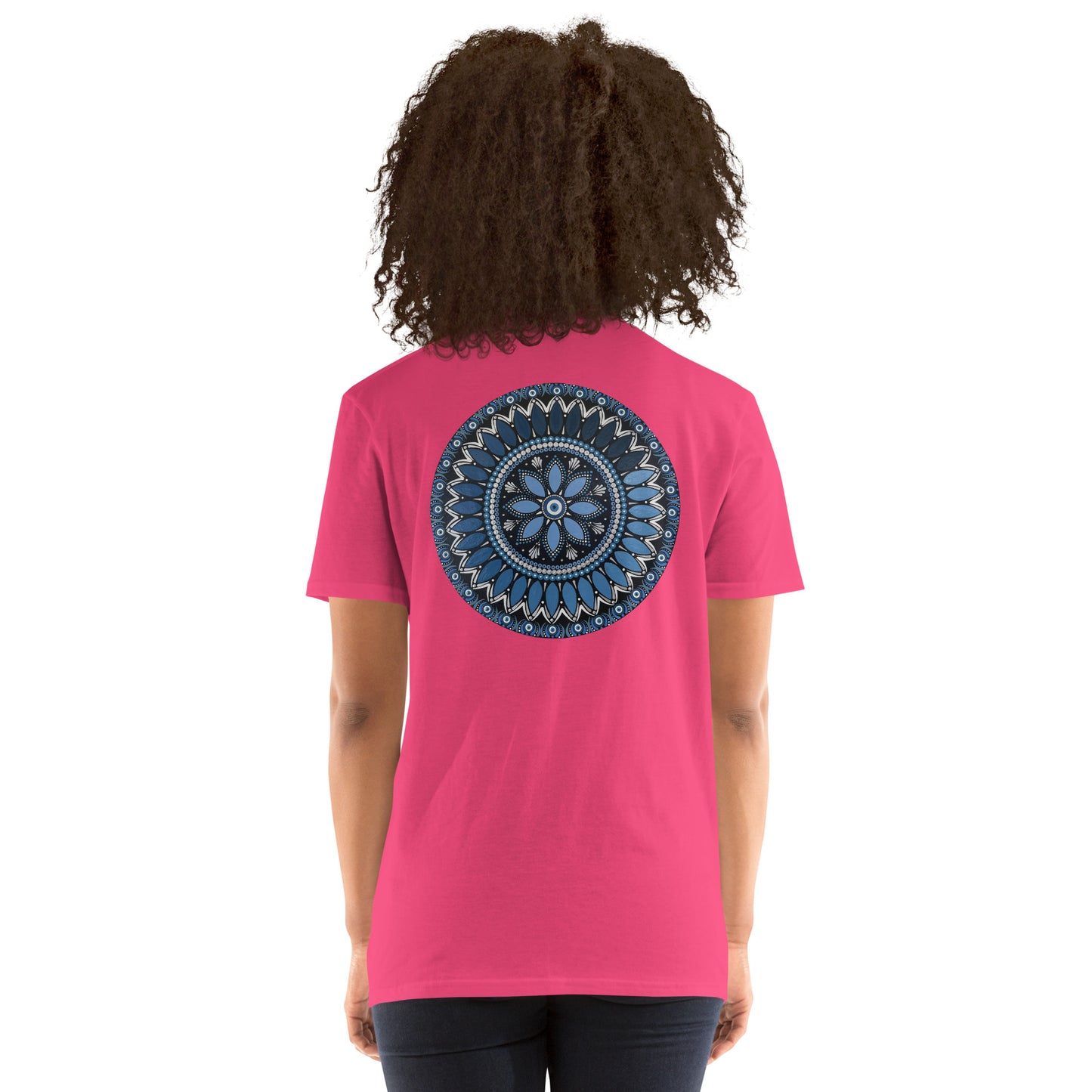 Unisex Softstyle T-Shirt (mandala with blue and white core on back | SERENITY in black lettering on front)