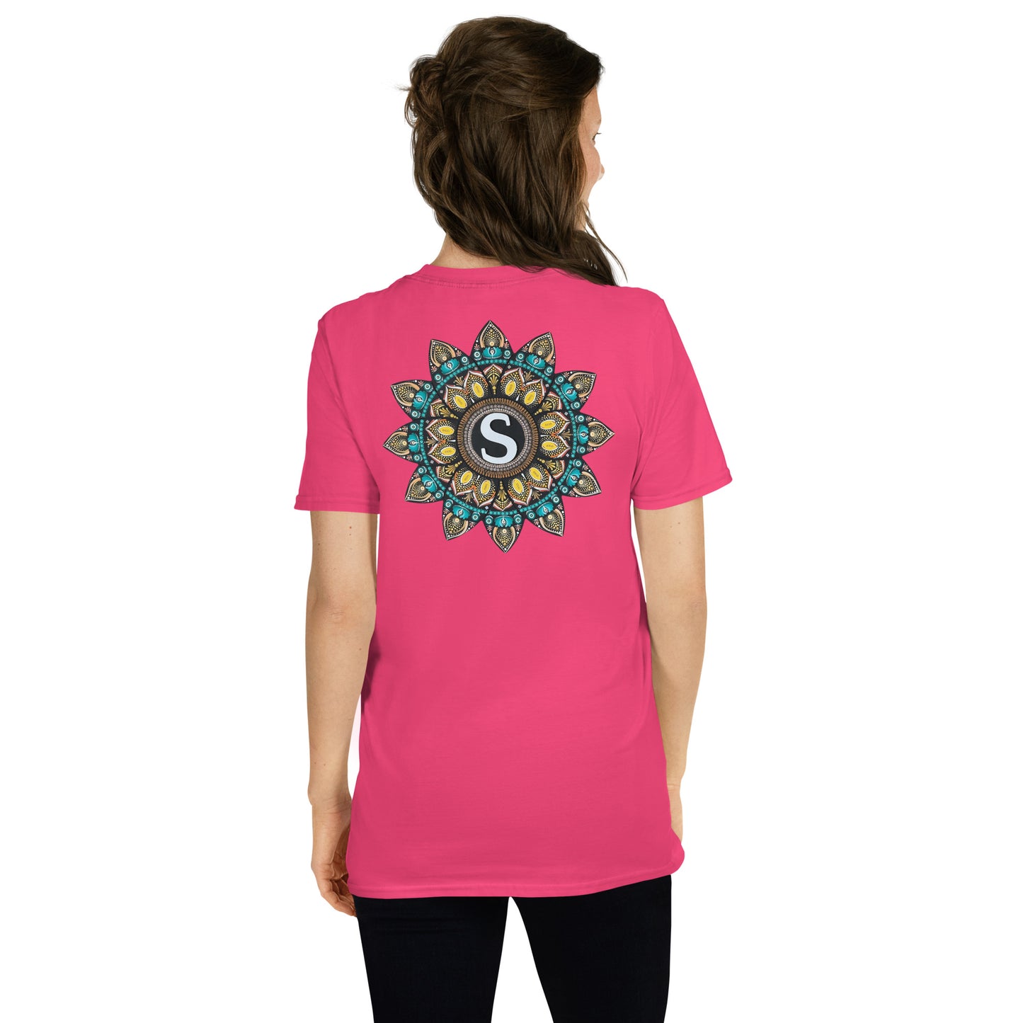 Unisex Softstyle T-Shirt (mandala with "S" in core on back | SHINE in black lettering on front)