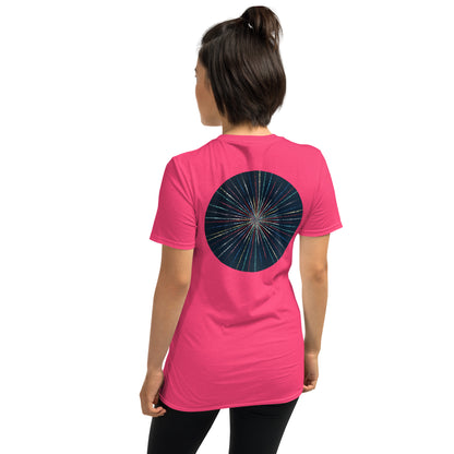 Unisex Softstyle T-Shirt (mandala with streams of light on back | EXPANSION in black lettering on front)