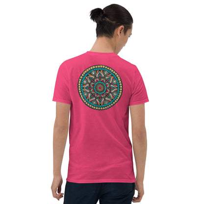 Unisex Softstyle T-Shirt (mandala with red core on back | PURPOSE in black lettering on front)