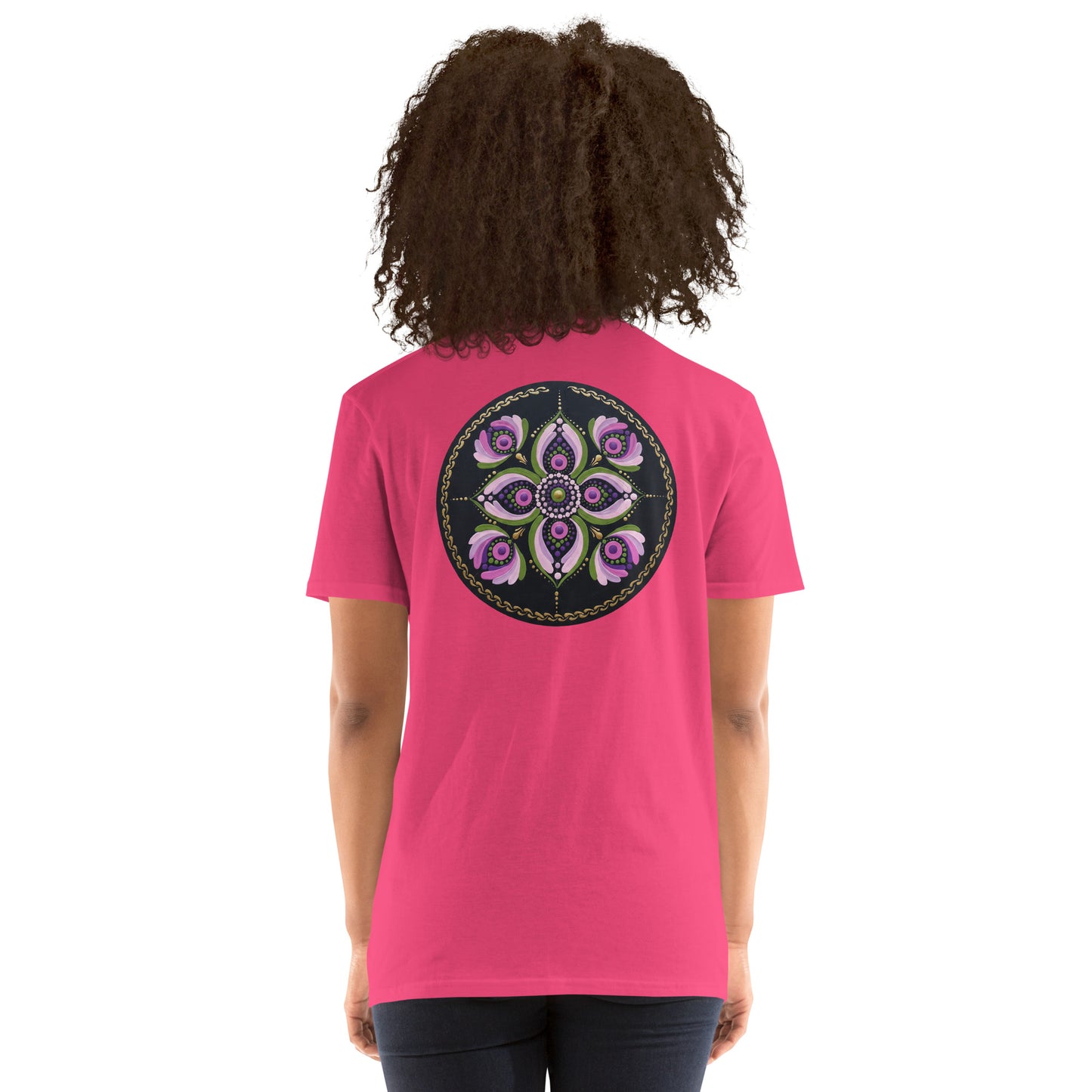 Unisex Softstyle T-Shirt (mandala with purple petals on back | GRACE in black lettering on front)