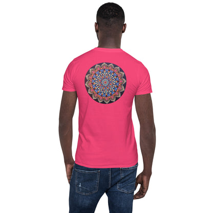 Unisex Softstyle T-Shirt (mandala with pink petals on back | VITALITY in black lettering on front)