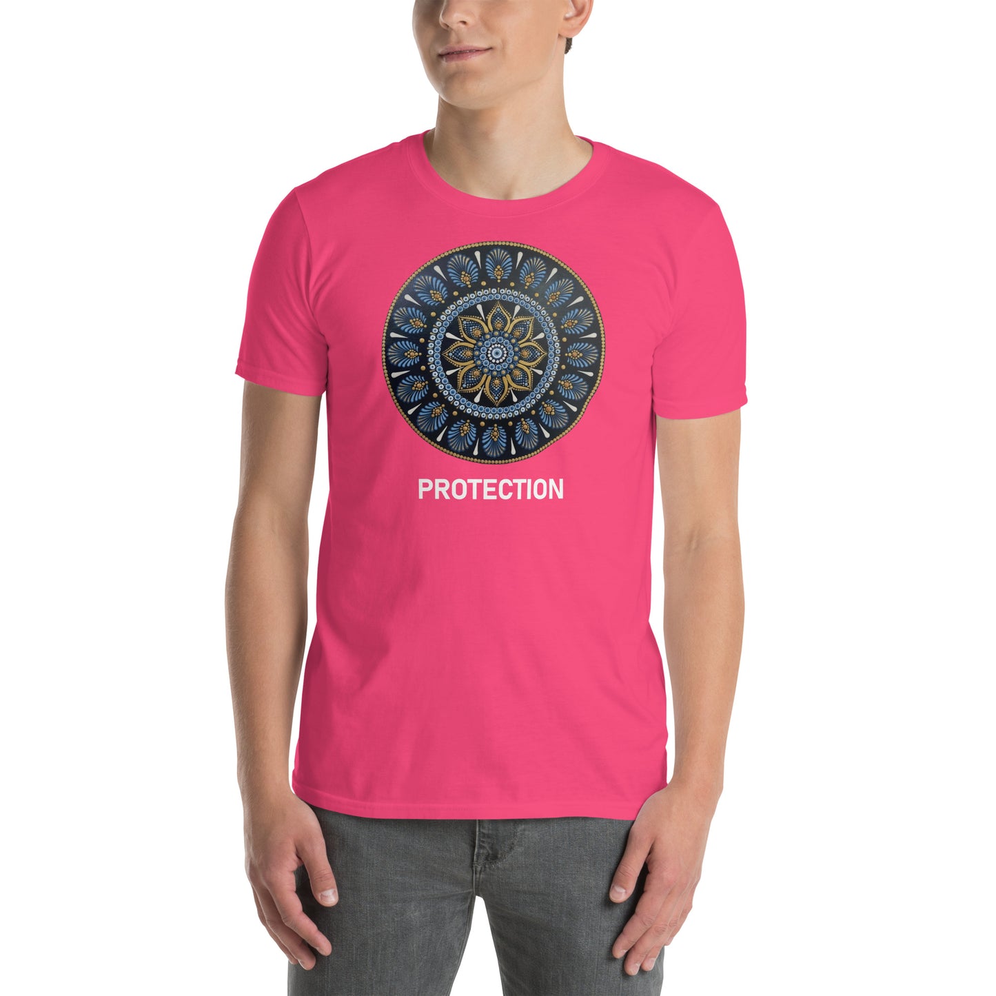 Unisex Softstyle T-Shirt (mandala with gold rim on front | PROTECTION in white lettering)