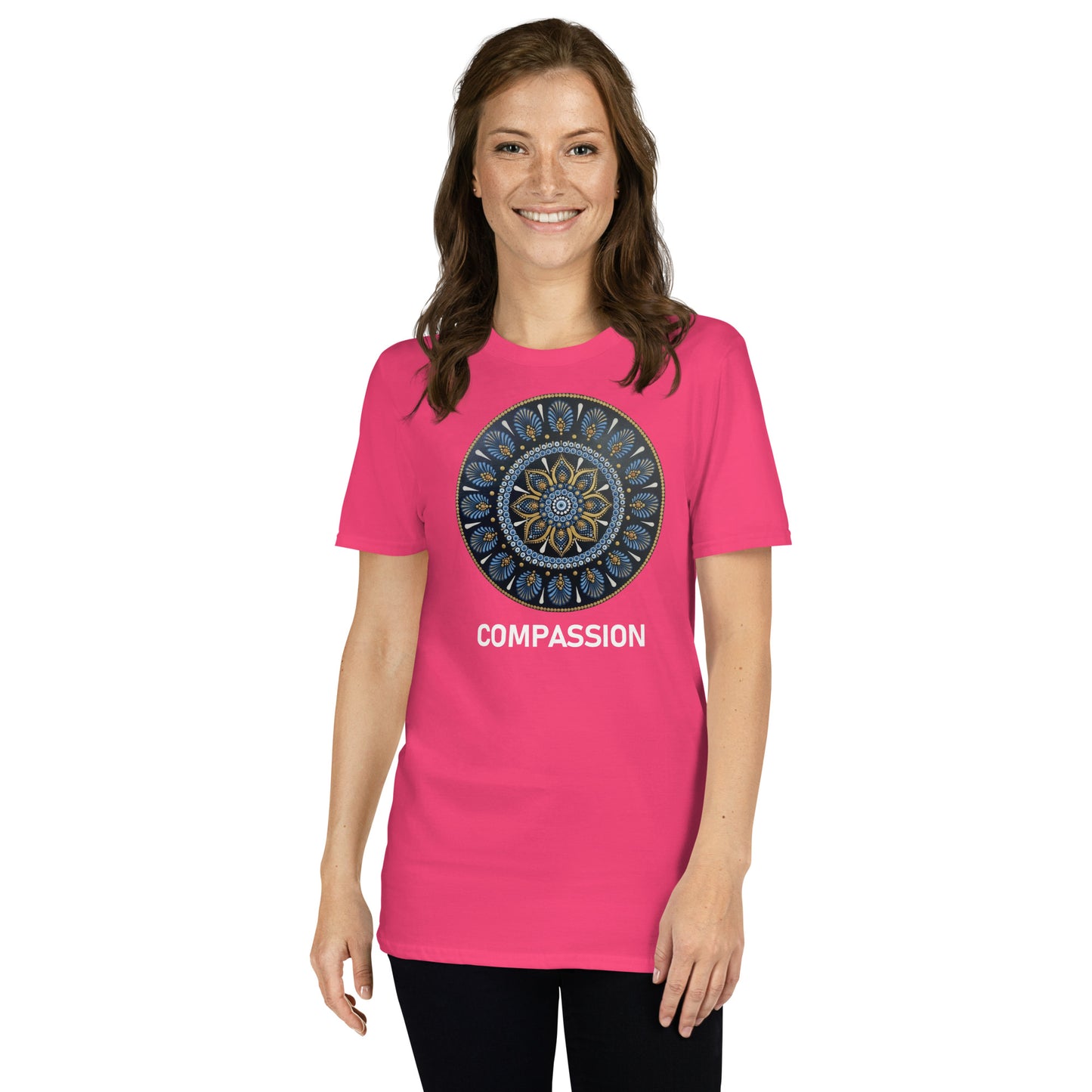 Unisex Softstyle T-Shirt (mandala with gold rim on front | COMPASSION in white lettering)