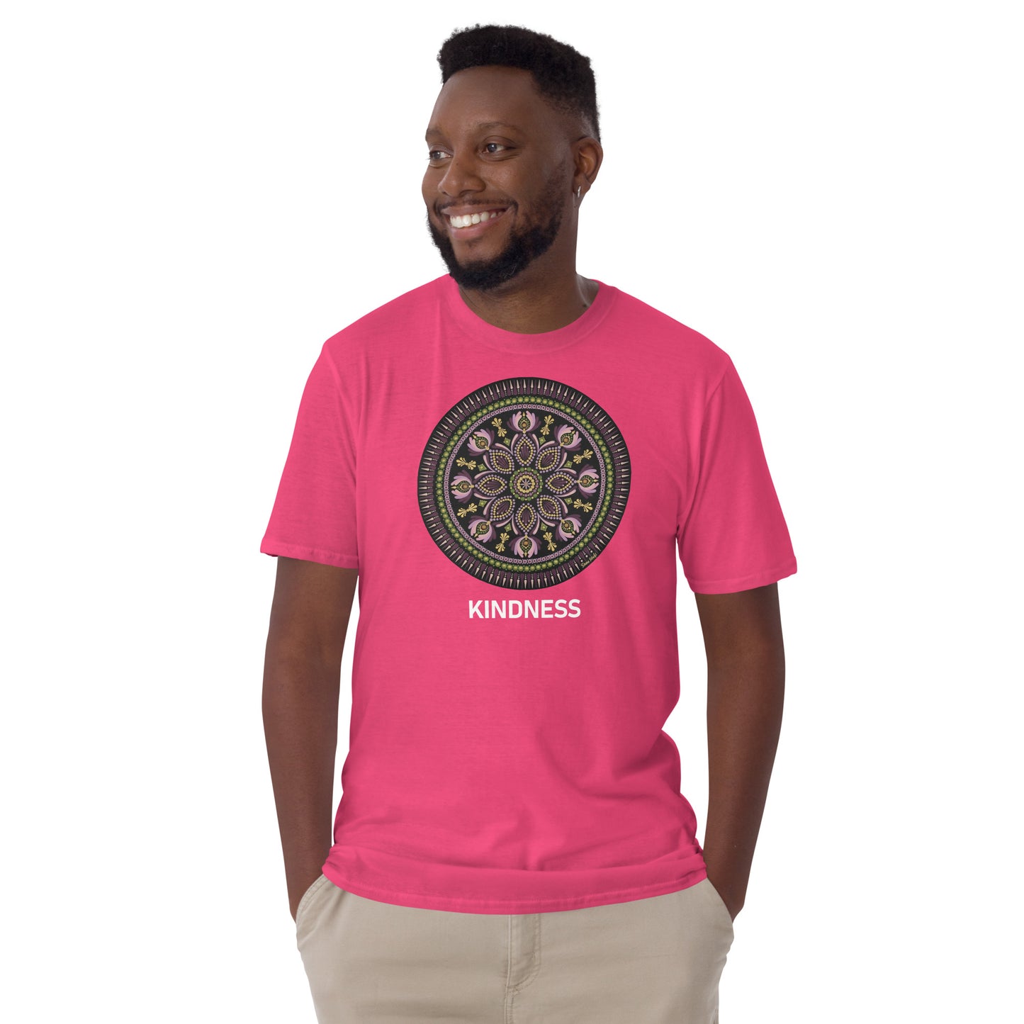 Unisex Softstyle T-Shirt (mandala with magenta rim on front | KINDNESS in white lettering)