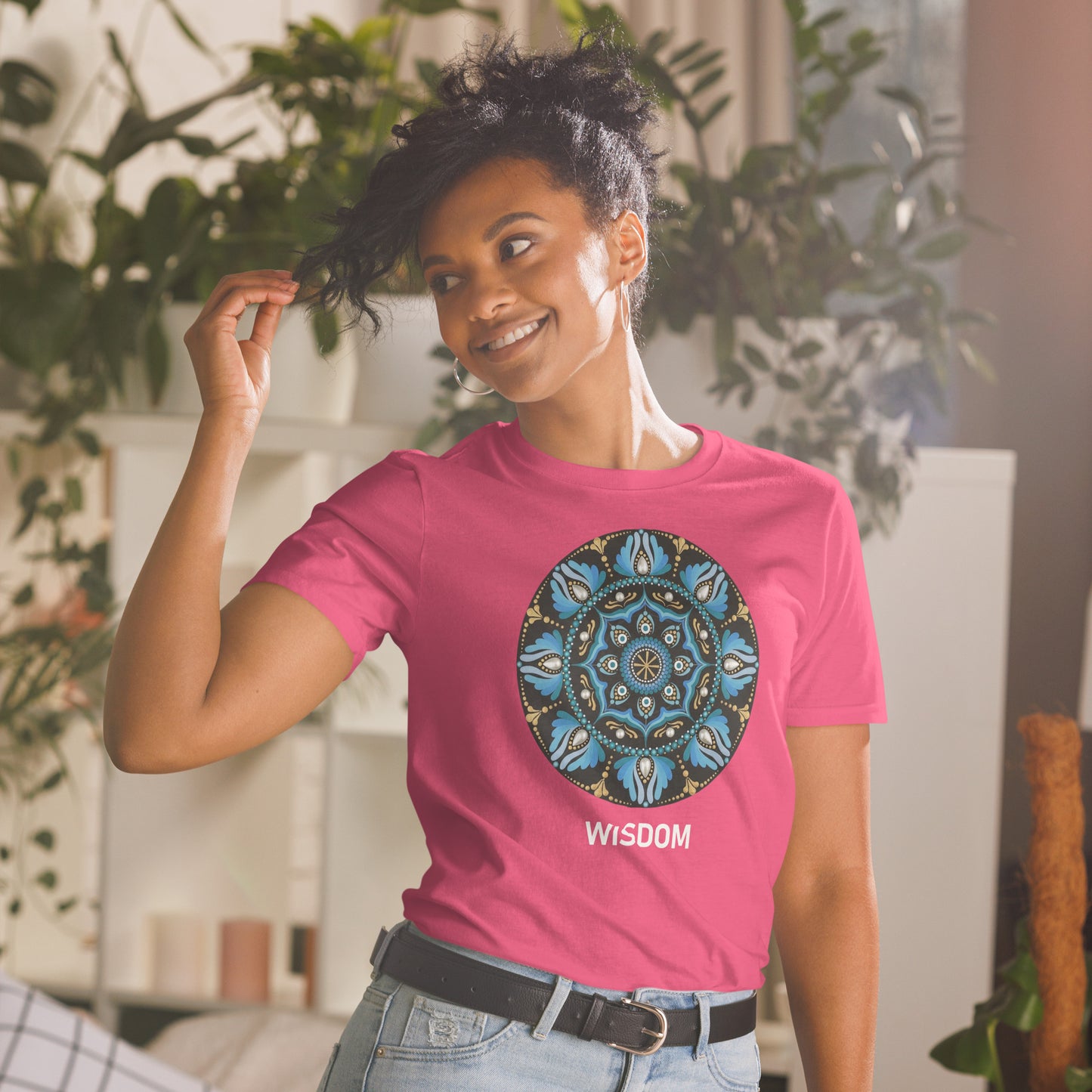 Unisex Softstyle T-Shirt (mandala with spokes in core on front | WISDOM in white lettering)