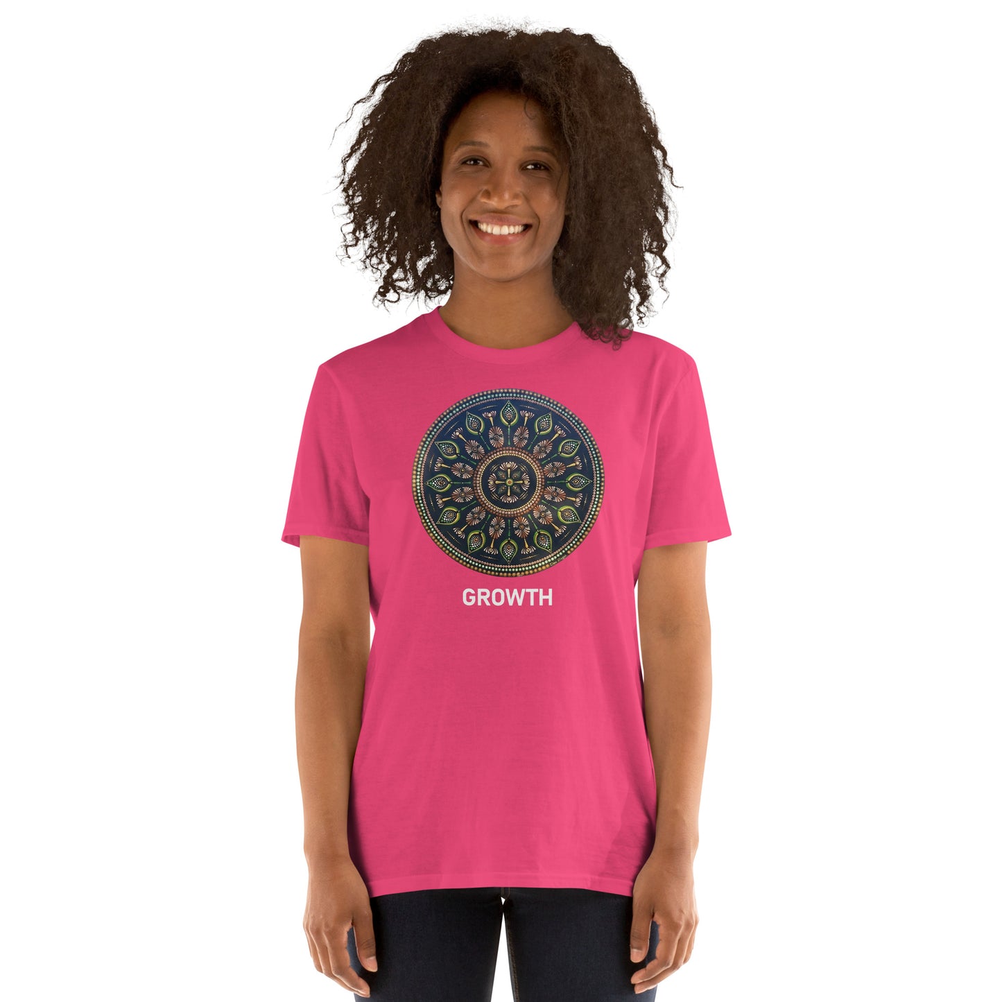 Unisex Softstyle T-Shirt (mandala with cross at the core on front | GROWTH in white lettering)