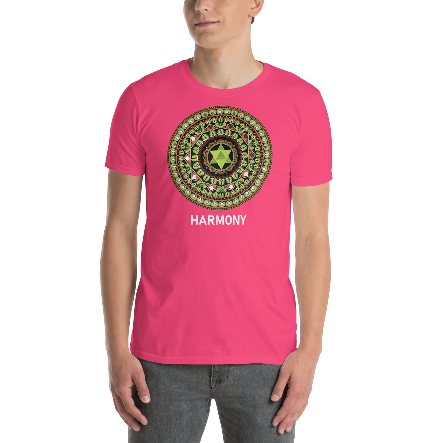 Unisex Softstyle T-Shirt (mandala with green star | on front | HARMONY in white lettering)