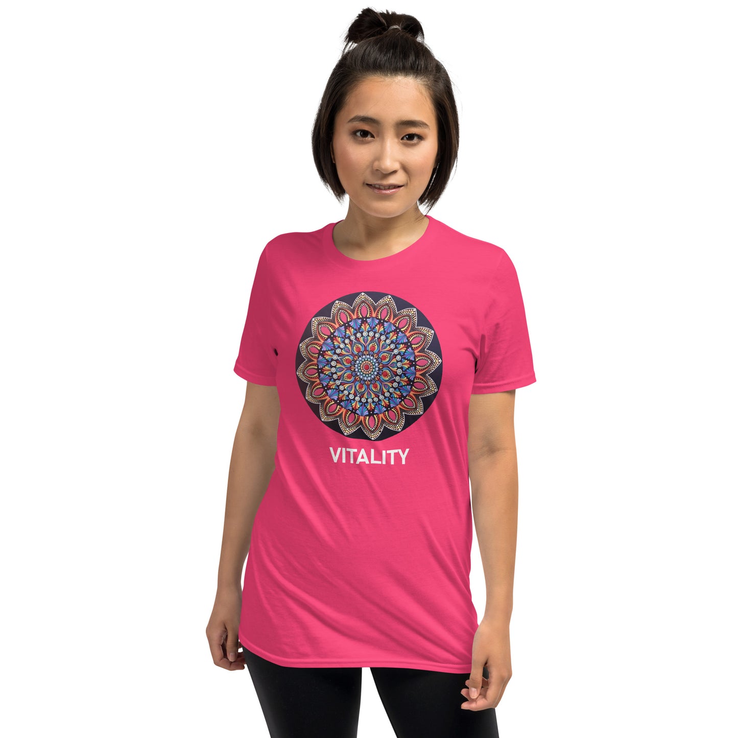Unisex Softstyle T-Shirt (mandala with pink petals | on front | VITALITY in white lettering)