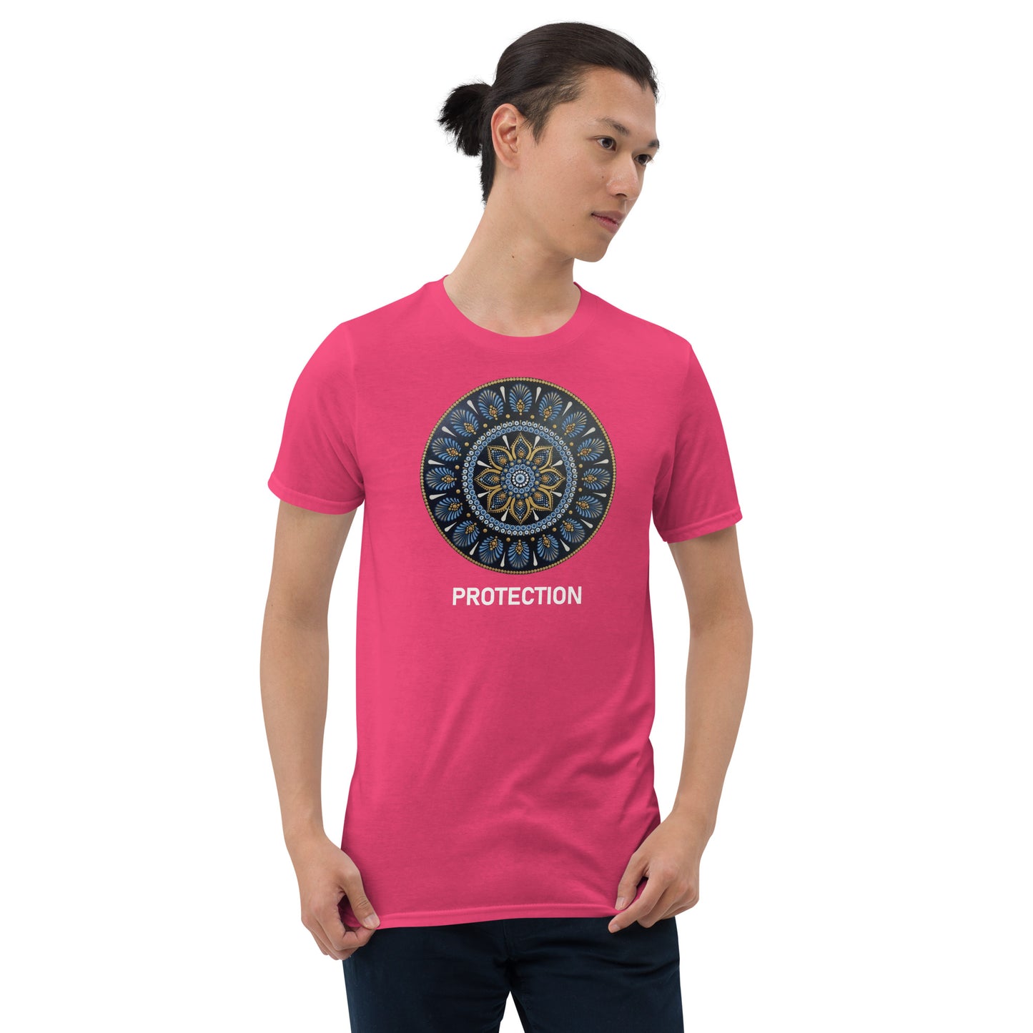 Unisex Softstyle T-Shirt (mandala with gold outer rim | on front | PROTECTION in white lettering)