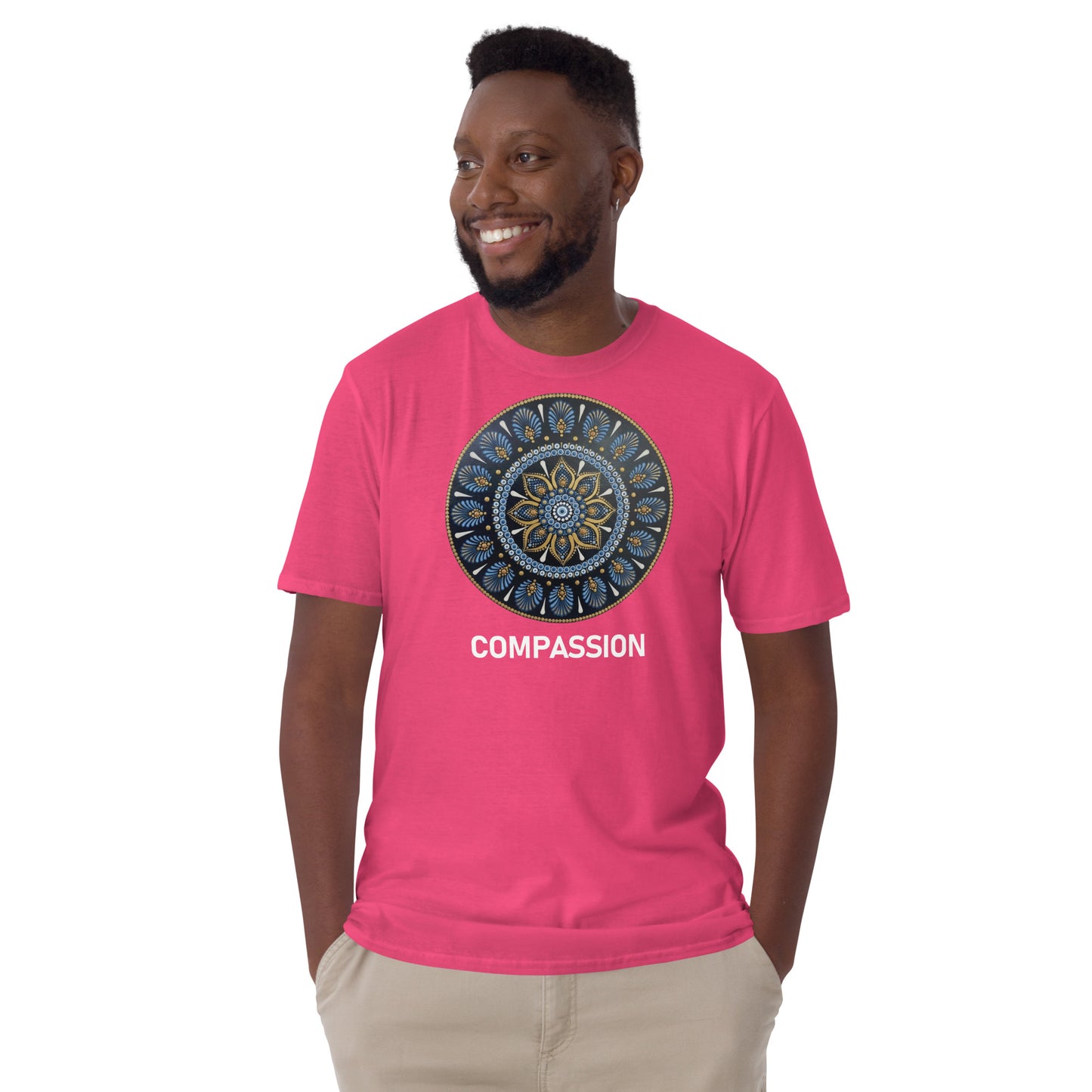 Unisex Softstyle T-Shirt (mandala with gold rim | on front | COMPASSION in white lettering)
