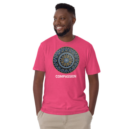Unisex Softstyle T-Shirt (mandala with gold rim | on front | COMPASSION in white lettering)