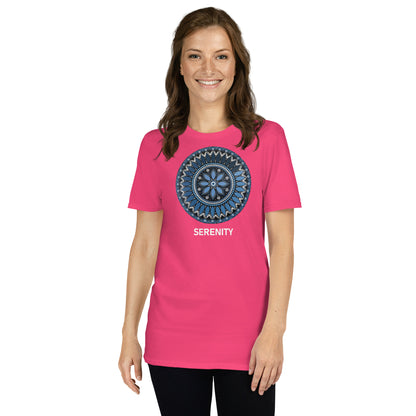 Unisex Softstyle T-Shirt (mandala with blue and white core | on front | SERENITY in white lettering)