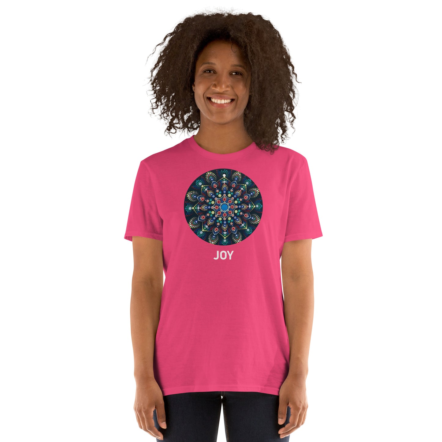 Unisex Softstyle T-Shirt (mandala with colorful dots | on front | JOY in white lettering)