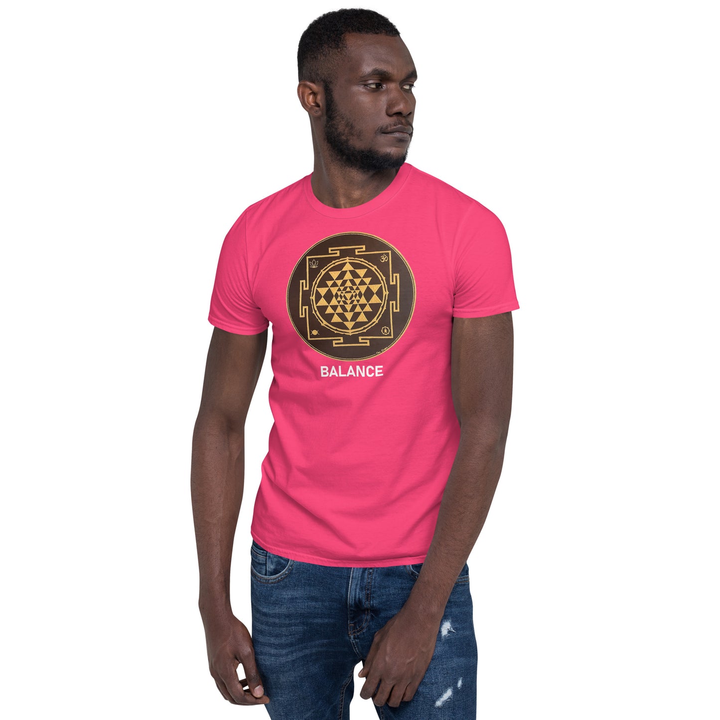 Unisex Softstyle T-Shirt (brown and gold mandala | on front | BALANCE in white lettering)