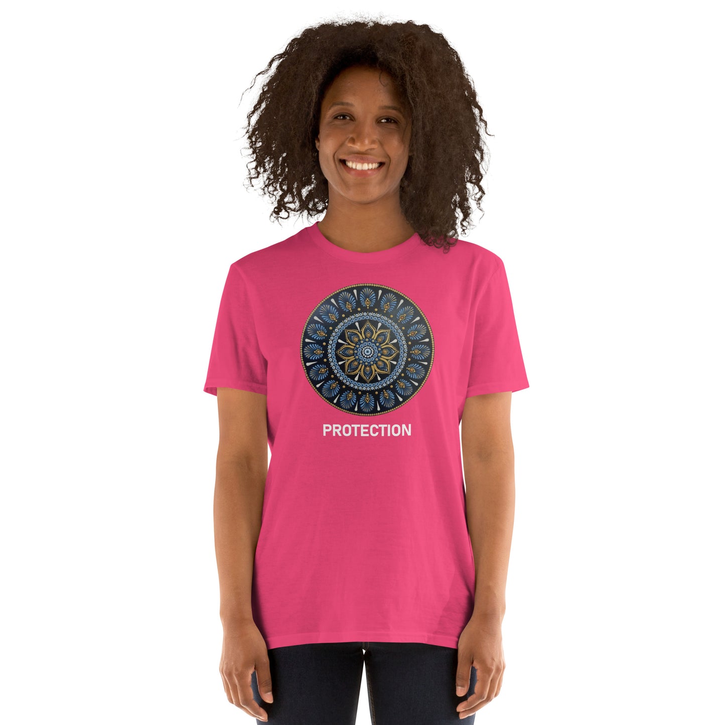 Unisex Softstyle T-Shirt (mandala with gold rim | on front | PROTECTION in white lettering)