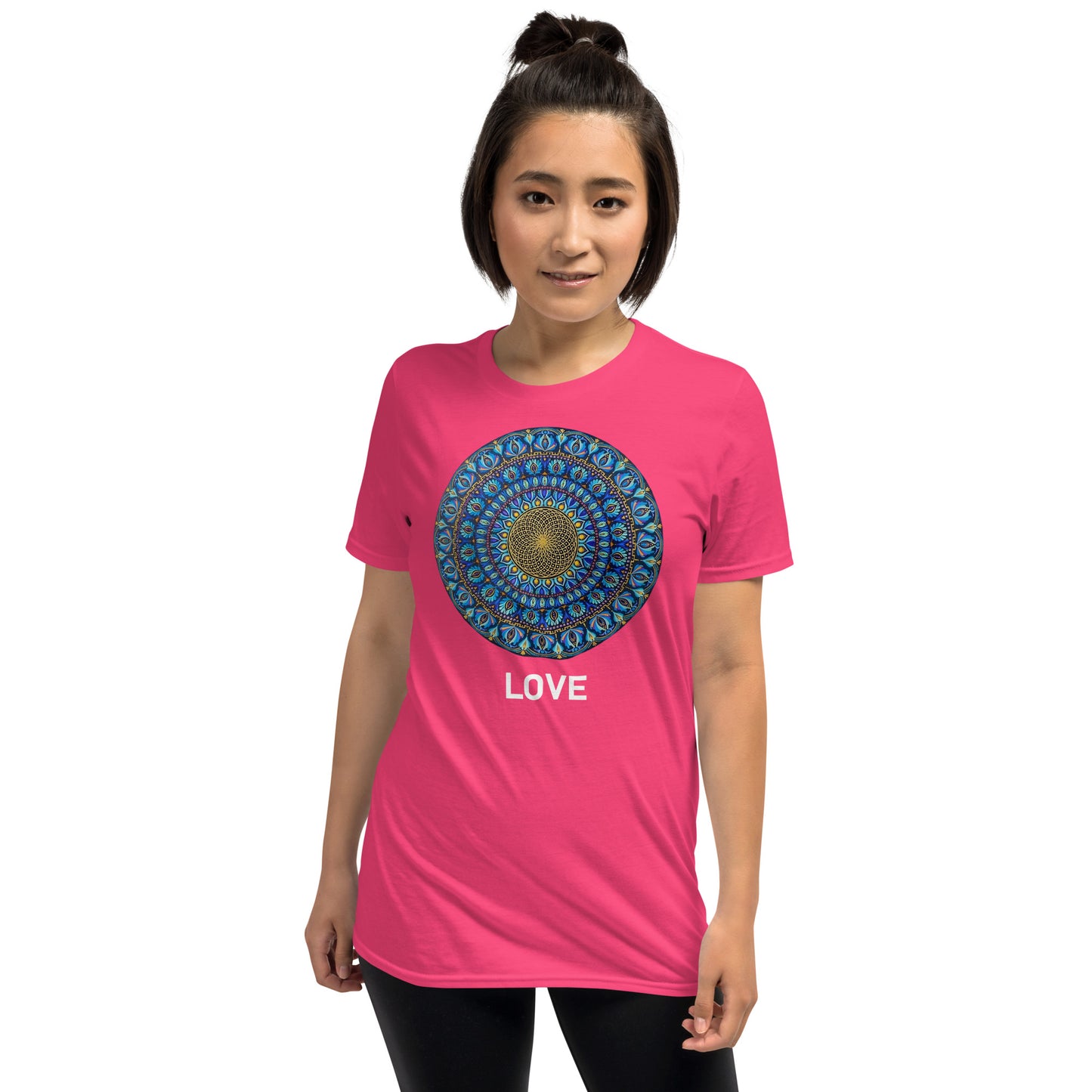 Unisex Softstyle T-Shirt (mandala with golden core | on front | LOVE in white lettering)