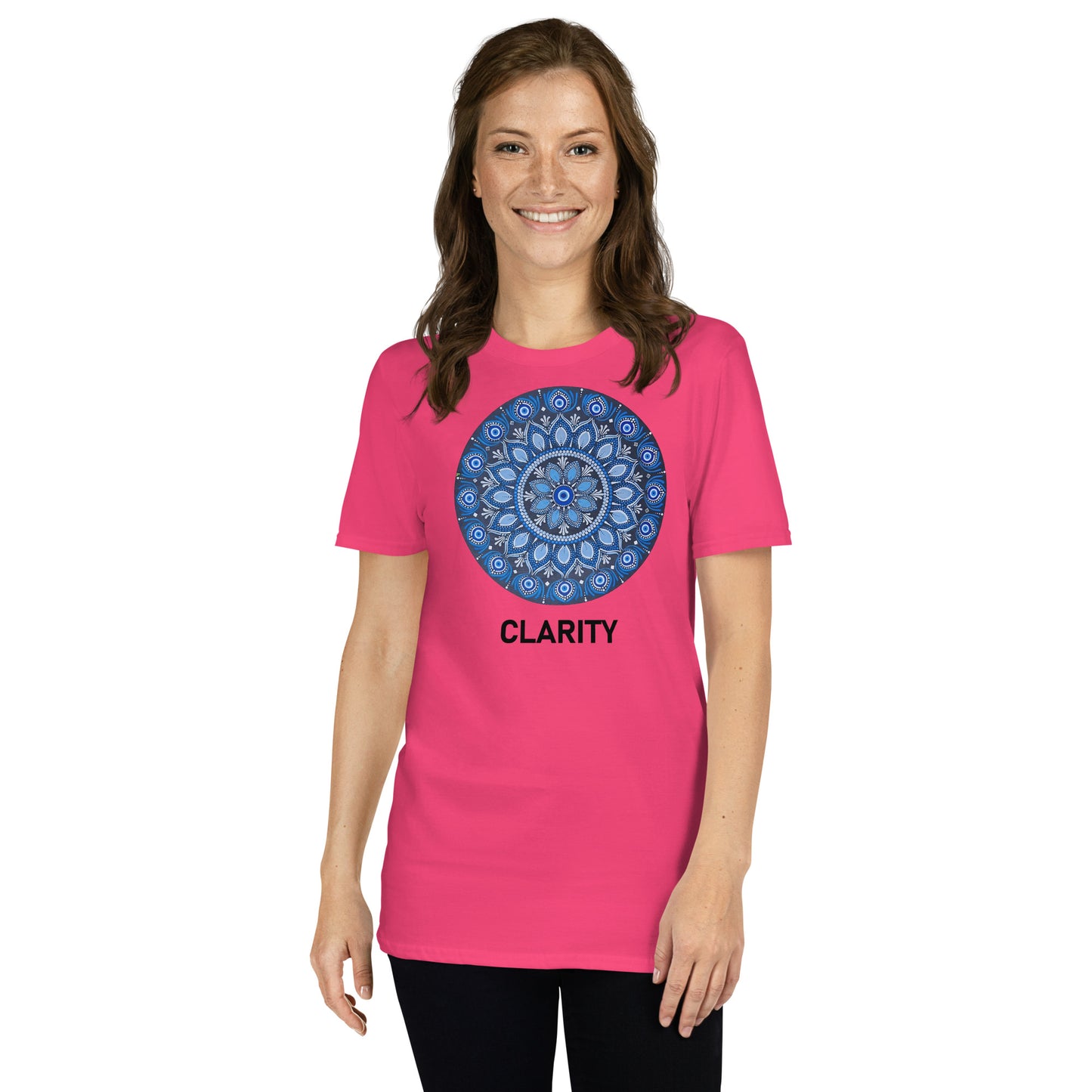 Unisex Softstyle T-Shirt (all blue mandala | on front | CLARITY in black lettering)