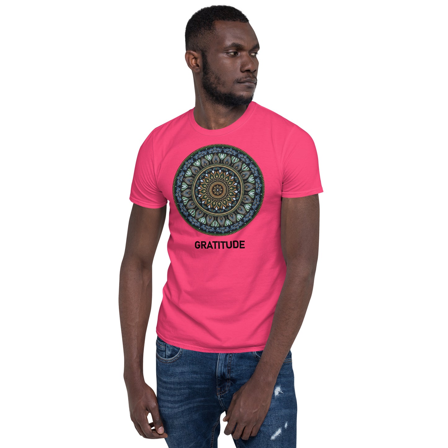 Unisex Softstyle T-Shirt (mandala green and gold rim | on front | GRATITUDE in black lettering)
