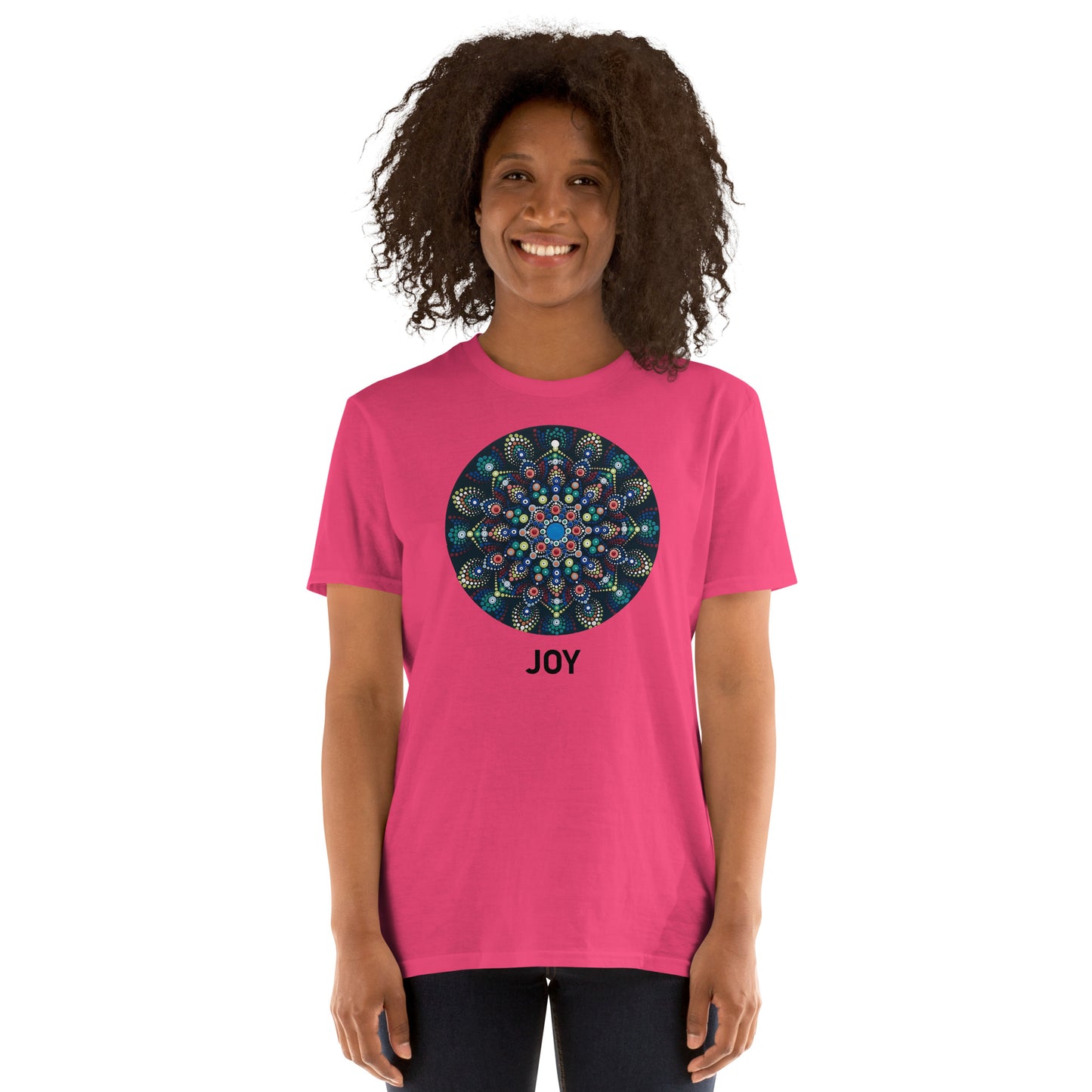 Unisex Softstyle T-Shirt (mandala with colorful dots | on front | JOY in black lettering)