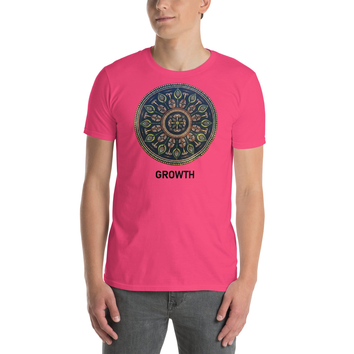 Unisex Softstyle T-Shirt (mandala with cross in the core | on front | GROWTH in black lettering)