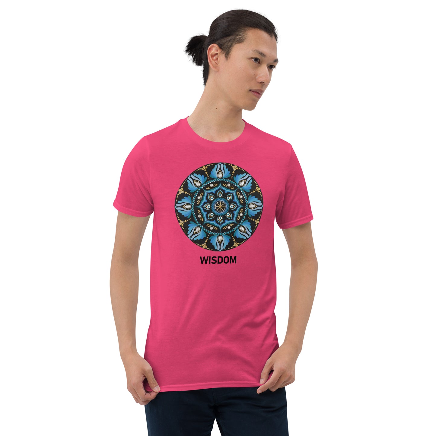 Unisex Softstyle T-Shirt (mandala with spokes in core | on front | WISDOM in black lettering)
