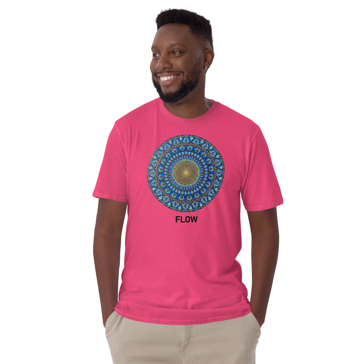 Unisex Softstyle T-Shirt (mandala with golden core | on front | FLOW in black lettering)