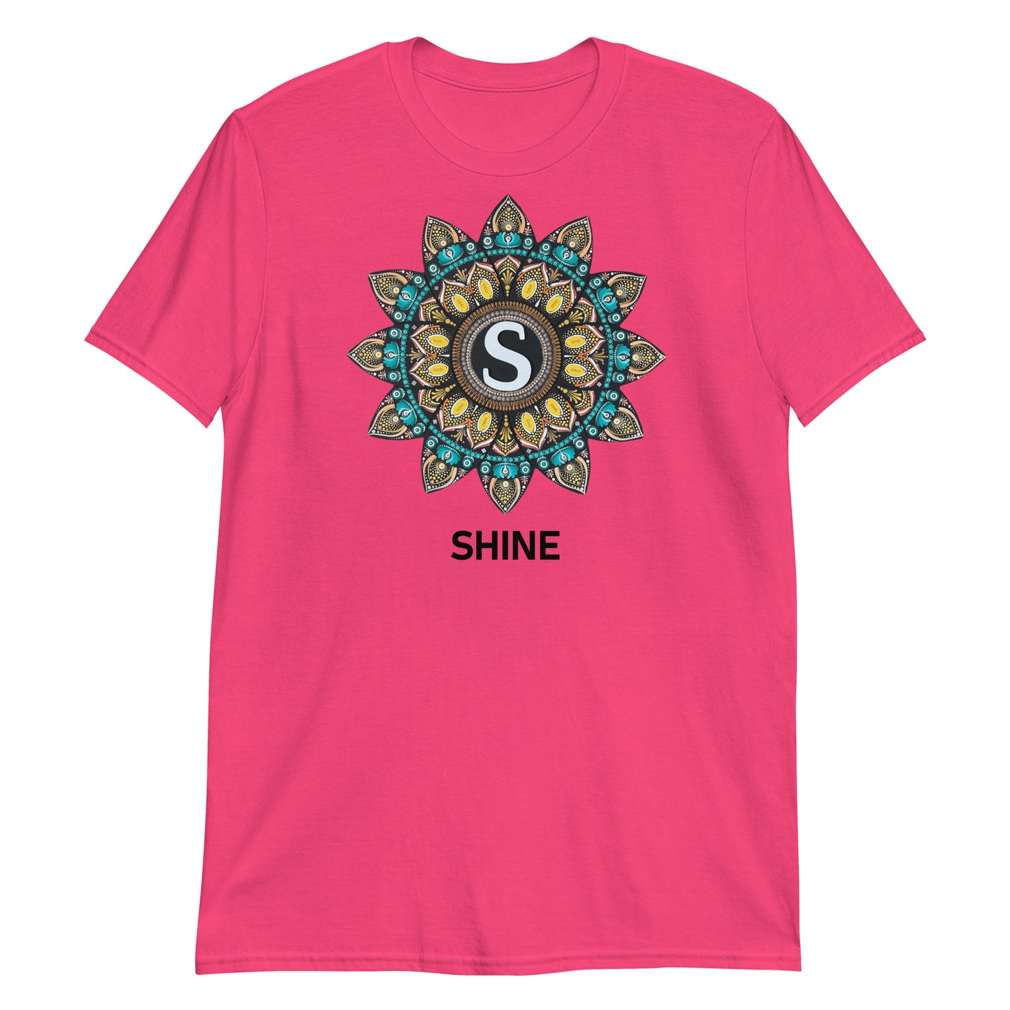 Unisex Softstyle T-Shirt (mandala with "S" in core | on front | SHINE in black lettering)