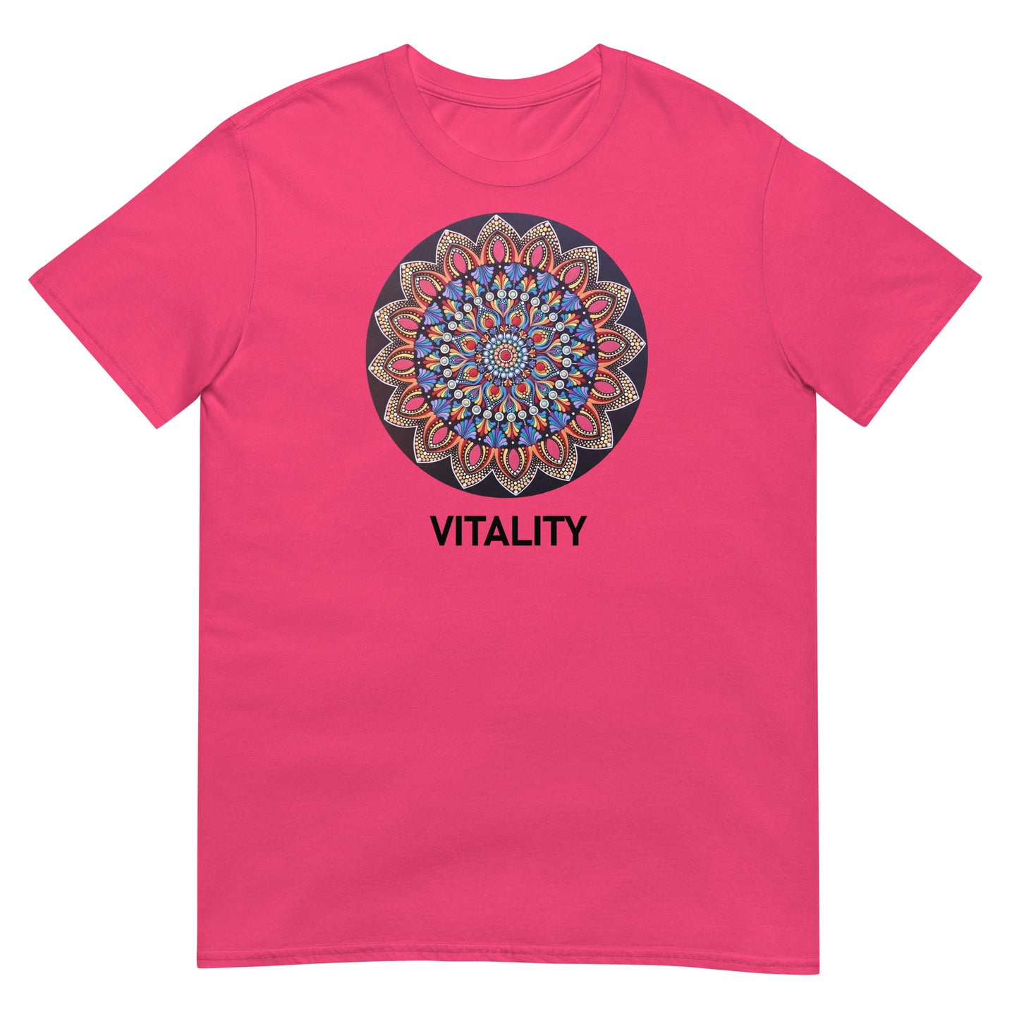Unisex Softstyle T-Shirt (mandala with pink petals | on front | VITALITY in black lettering)